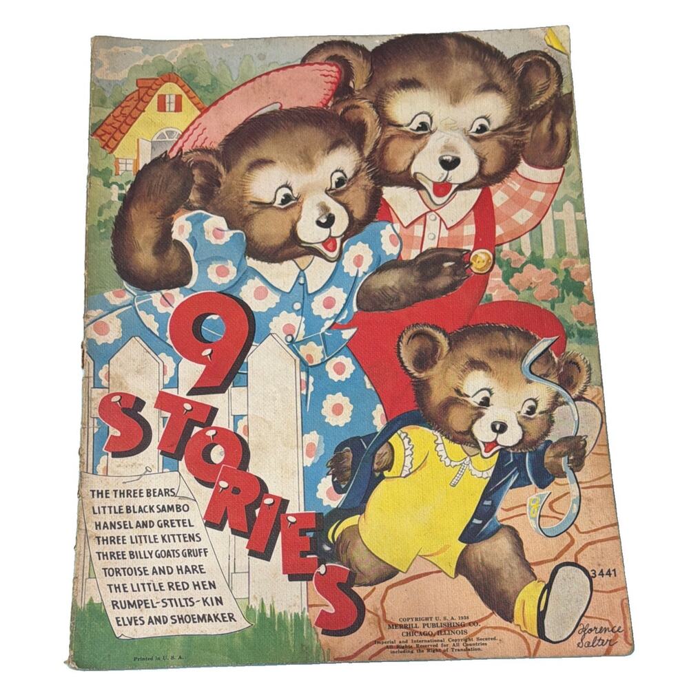 9 Stories Childrens Vintage Linen Book 1938 #3441 Florence Salter USA Merrill